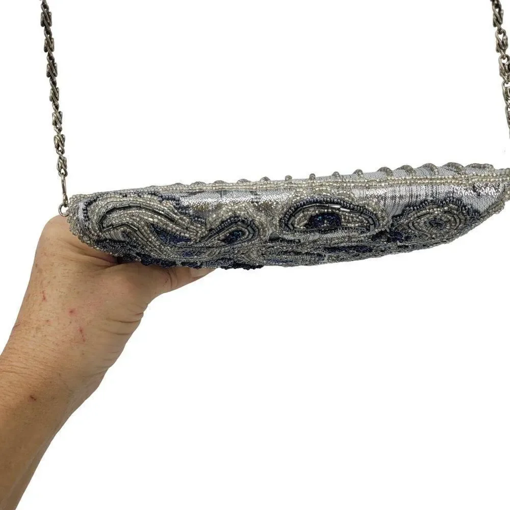 Vintage Majesty Line By‎ Albertario Crossbody Formal Silver Blue Paisley Beaded